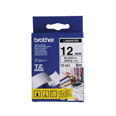 Brother P-touch laminated labelling tape black on white 12mm x 8m TZE-231