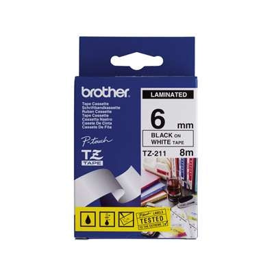Brother P-Touch Laminated Labelling Tape Black on White 6mm x 8m TZE-211