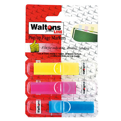 Waltons Primeline Notes Flag Pop-Up Page Marker Indexer 3 Colour 20 Sheet 48mmx12mm Pack of 3