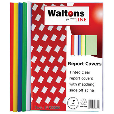 Waltons Primeline Report Cover A4 with Slides - Assorted Colours Pack of 5