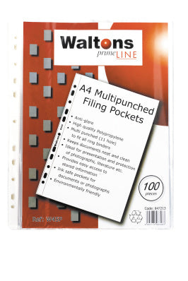 Waltons Primeline Plastic Pocket A4 Reinforced Multi Punch W45R 60mic (Pack 100)