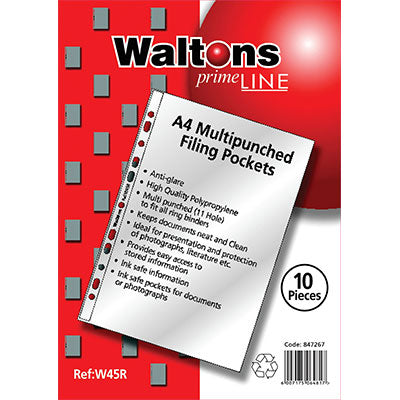 Waltons Primeline Plastic Pocket A4 Multi-Punched 60 Micron W45R Pack of 10